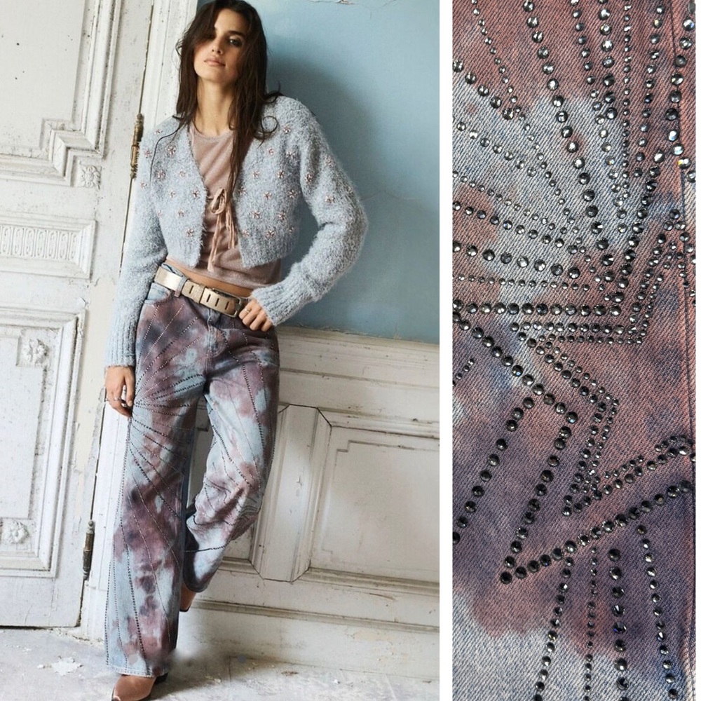 NEW FREE PEOPLE Crystal Embellished Aurora Mid Rise Jeans NWT Size 24 RARE
